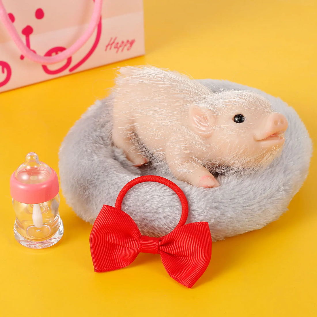 Silicone Pig Doll Toy with Pig Bowknot Nursing Bottle Sleeping Pad Mini Soft Lifelike Animal Pig Doll Cute Realistic Reborn Pig